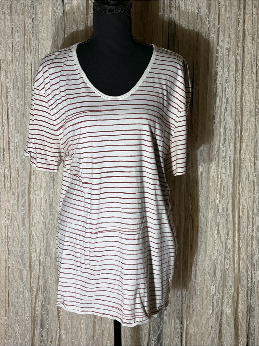 Express White Tee with Thin Burgundy Stripes